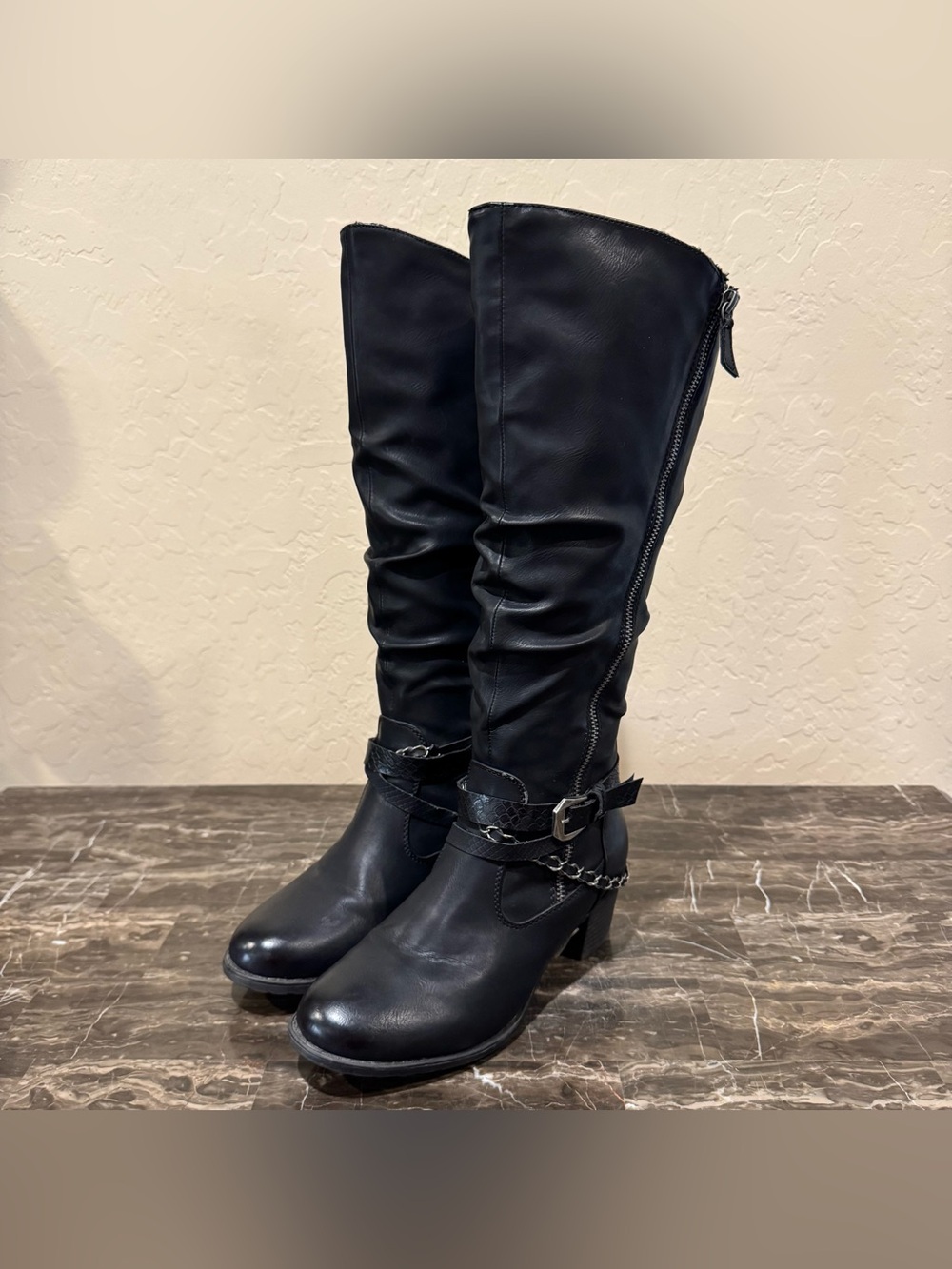 Spring Step Faux Leather Chain Belted Moto Riding Boots - Picture 5 of 12